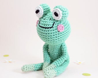 Peaceful green crocheted frog, amigurumi frog