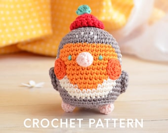 Dudley the robin with apple hat, step by step crochet pattern, amigurumi pattern pdf