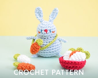 Opaline the water bunny, crochet amigurumi pdf pattern, with her basket of carrots and turnips