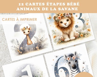 Cartes étapes bébé, carte naissance, cartes mois bébé, carte bébé aquarelle, carte naissance animaux, carte grossesse, carte animaux savane