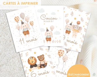 Cartes étapes bébé, carte de naissance, cartes mois bébé, carte bébé aquarelle, carte naissance animaux, carte de grossesse