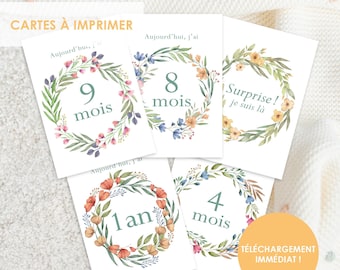 Cartes étapes bébé, à imprimer, cartes mois bébé, carte aquarelle, carte fleurie, carte couronne de fleur, carte élégante