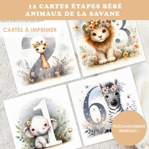 Cartes étapes bébé, carte naissance, cartes mois bébé, carte bébé aquarelle, carte naissance animaux, carte grossesse, carte animaux savane