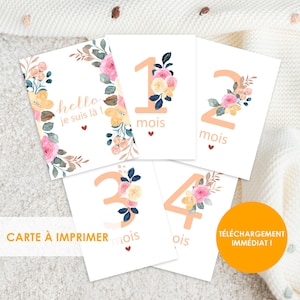 Cartes étapes bébé, à imprimer, cartes mois bébé, carte aquarelle, carte fleurie