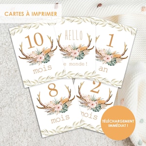 Cartes étapes bébé, à imprimer, cartes mois bébé, carte aquarelle, carte boho, bohème