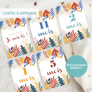 Cartes étapes bébé, à imprimer, cartes mois bébé, carte aquarelle, carte végétaux, grossesse, naissance