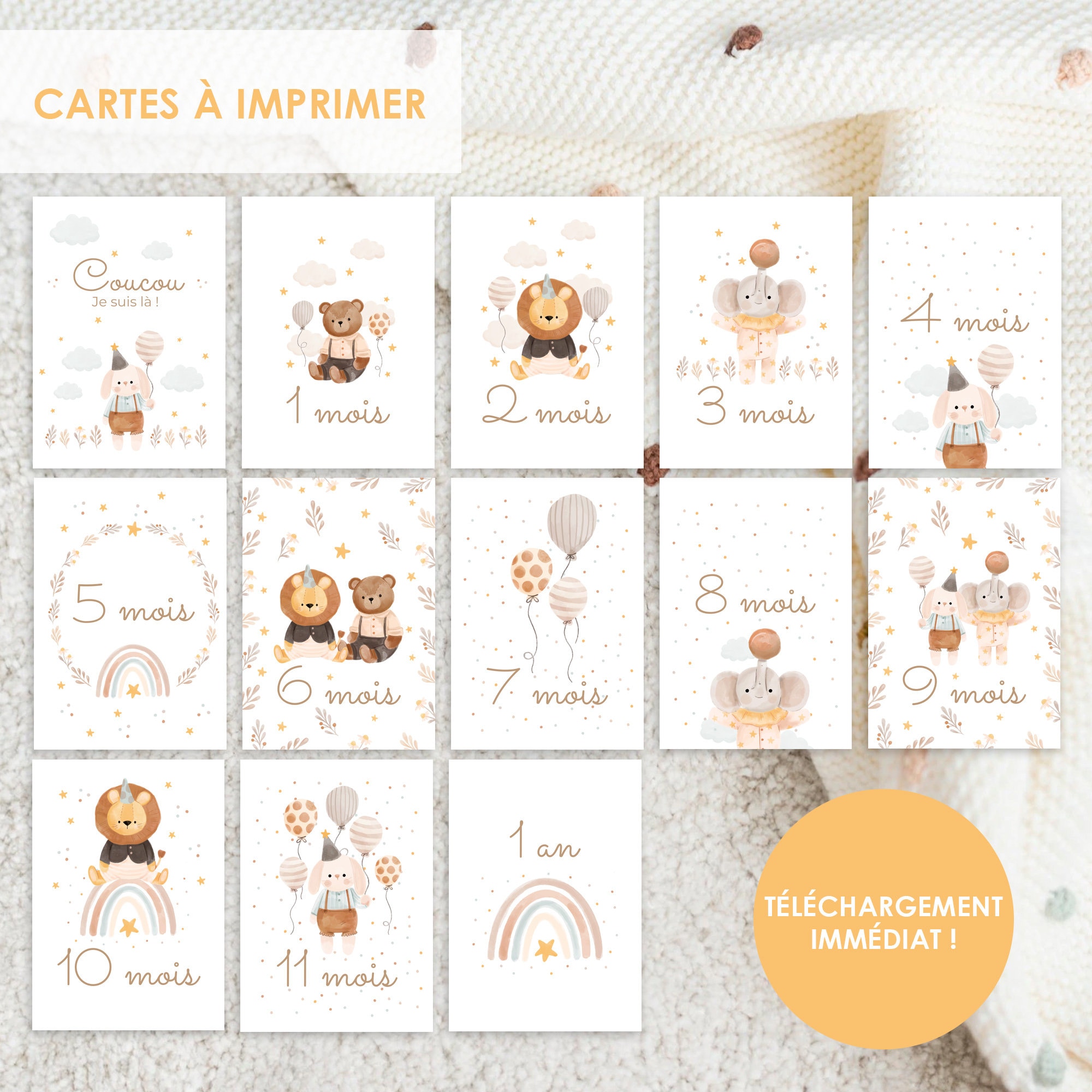 Cartes étapes bébé, carte de naissance, cartes mois bébé, carte bébé
