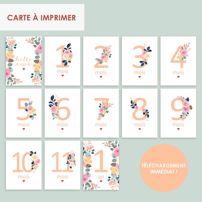 Cartes étapes bébé, à imprimer, cartes mois bébé, carte aquarelle