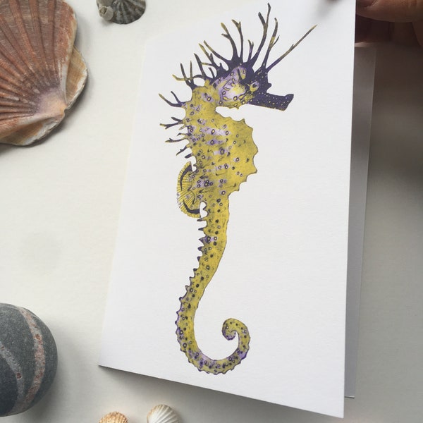 Seahorse greetings card. Original artwork from a handmade collagraph print