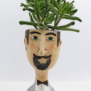 Unique ceramic retro gentleman face pot, hand sculptured head planter, man face planter for vintage interior