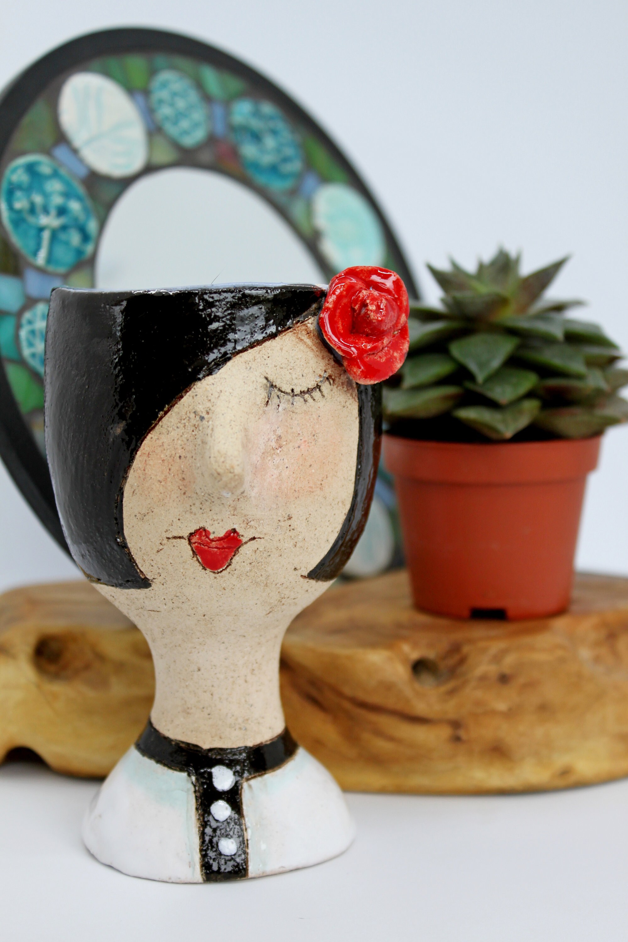 Ceramic mini head planter unique face flower pot retro lady Etsy