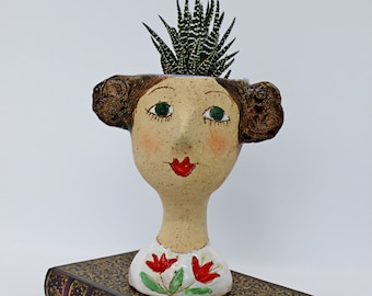 Face pot planter lady mini vase for succulents, fine art woman head planter, unique head shaped decorative plant holder
