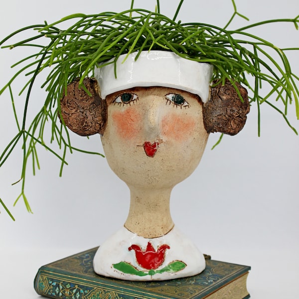 Unique lady face ceramic planter pot, head desk planter, lady unique pottery pot, housewarming gift
