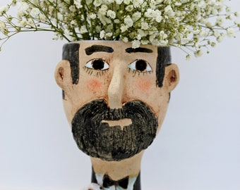 Black and White ceramic retro man head planter pot, unique pottery face flower pot, vintage interior desk decor face vase