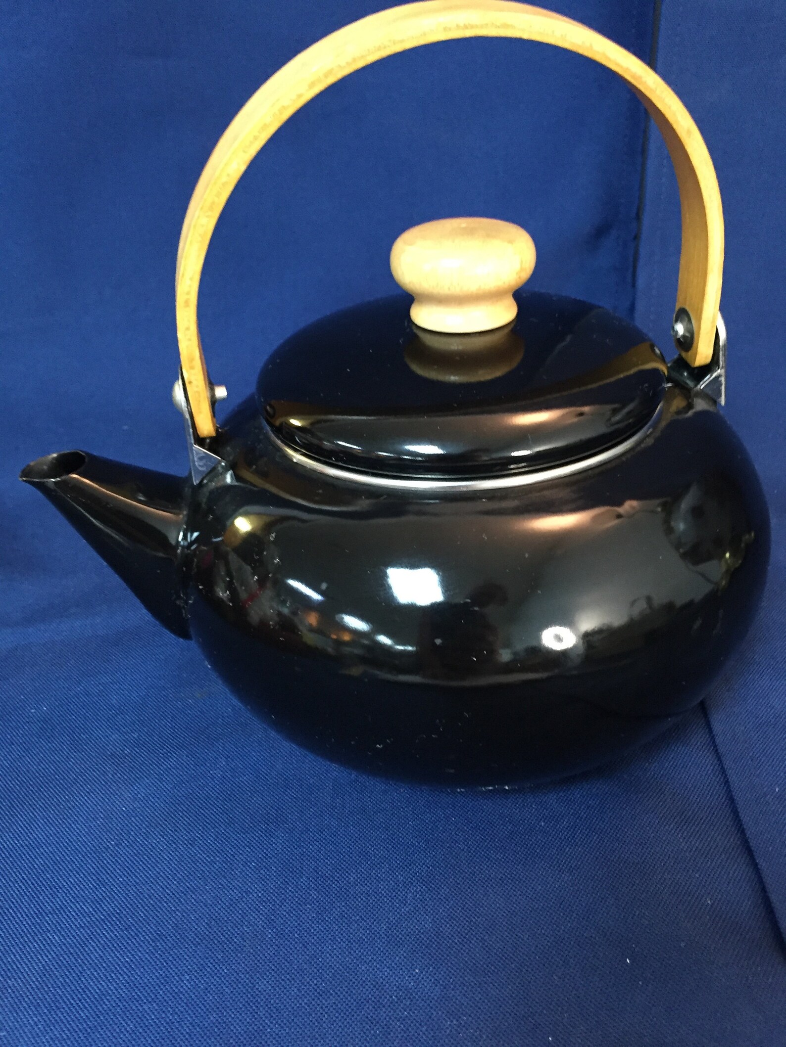 Vintage Enamel Teapot with Bamboo Handle Etsy