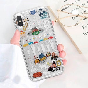 May include: A clear phone case with a Friends theme. The case features various characters, quotes, and logos from the popular TV show, including the iconic Central Perk coffee shop logo, the phrase "FRIENDS", and the characters Joey, Phoebe, and Chandler.