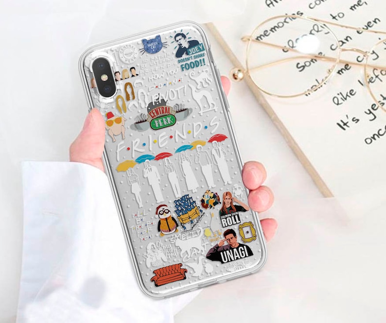 May include: A clear phone case with a Friends theme. The case features various characters, quotes, and logos from the popular TV show, including the iconic Central Perk coffee shop logo, the phrase "FRIENDS", and the characters Joey, Phoebe, and Chandler.