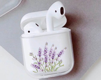 Funda de plástico para AirPods con estampado floral de lavanda y flores silvestres, fundas transparentes para AirPods, funda rígida para AirPods, llavero para AirPods