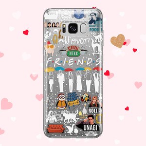 May include: A clear phone case with a Friends theme. The case features various characters and quotes from the show, including "Pivot!" and "Central Perk".