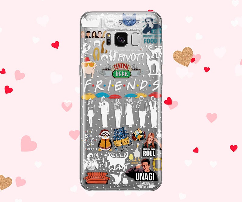 May include: A clear phone case with a Friends theme. The case features various characters and quotes from the show, including "Pivot!" and "Central Perk".