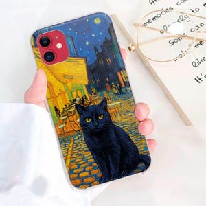Van Gogh Black Cat Phone case for iPhone 16 15 14 13 Pro Max Cat Meme phone gift Cover for Samsung S24 S23 Plus Ultra Galaxy case Pixel 9 8