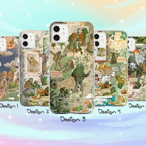 May include: Five different phone case designs featuring a collage of vintage illustrations of frogs, flowers, and other nature-themed imagery. The designs include text such as "The Lovers" and "Around the World".