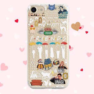 May include: A clear phone case with a white background and colorful images of the characters from the TV show Friends. The case features the iconic Central Perk logo, the phrase "Pivot!" and other popular quotes from the show.