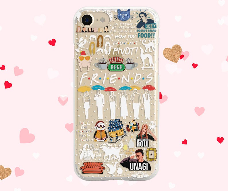 May include: A clear phone case with a white background and colorful images of the characters from the TV show Friends. The case features the iconic Central Perk logo, the phrase "Pivot!" and other popular quotes from the show.