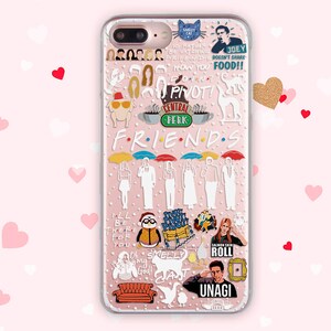 May include: A clear phone case with a white background and colorful Friends themed stickers. The stickers include characters, quotes, and logos from the popular TV show. The case has a glitter effect.