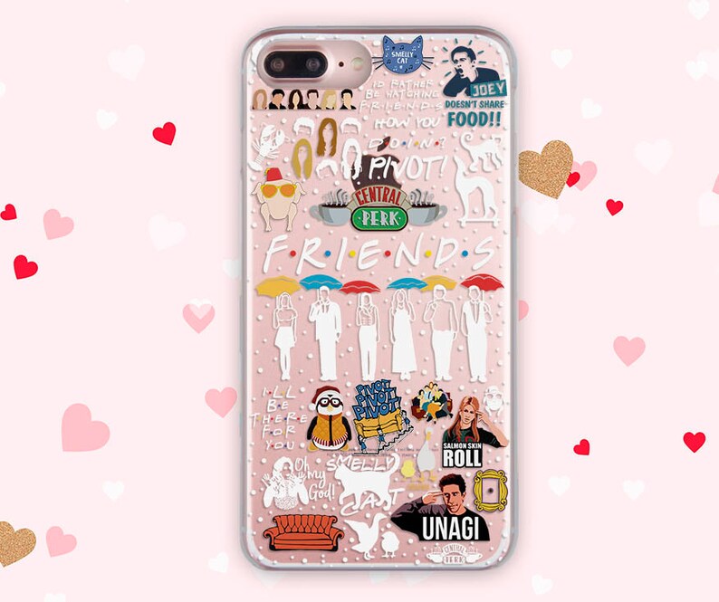 May include: A clear phone case with a white background and colorful Friends themed stickers. The stickers include characters, quotes, and logos from the popular TV show. The case has a glitter effect.