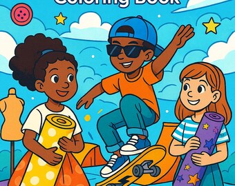 May include: A vibrant illustration for a children's coloring book, "Not So Little Designers." The image shows three children with fabric rolls and a skateboard. The background is a bright mix of colours, with stars and buttons scattered throughout.