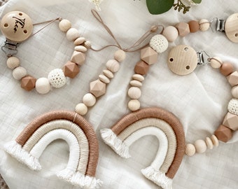 Macrame Leo stroller chain rainbow boy | pacifier chain also with name | Maxi Cosi pendant | baby seat pendant | beige brown white