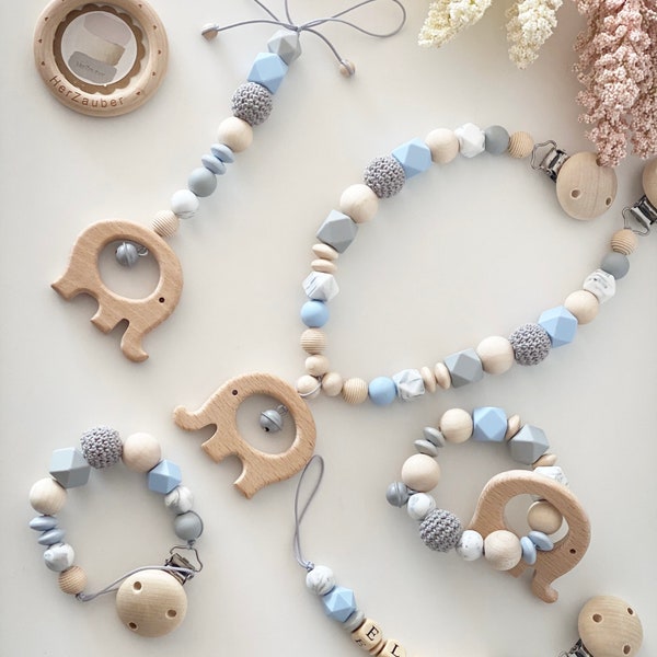 Greifling biting ring pacifier chain with or without name car chain Maxi Cosi pendant baby gym elephant grey light blue