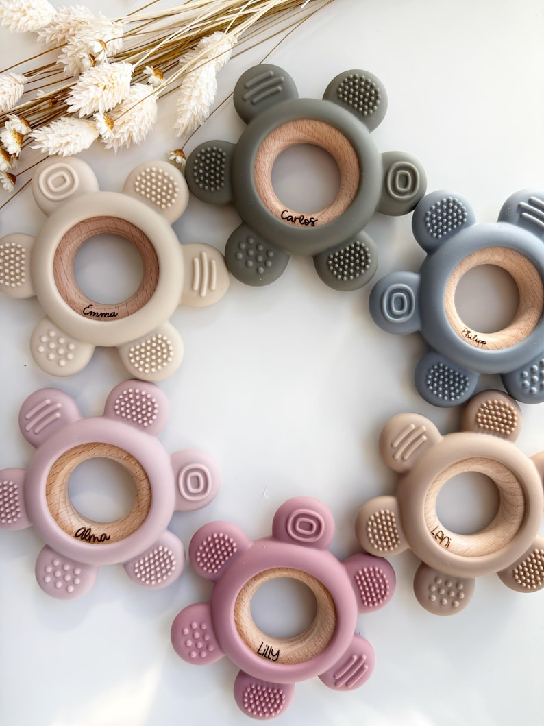 May include: Six silicone teethers in different colors with wooden rings in the center. Each teether has a different name engraved on the ring: Carlos, Emma, Alina, Liam, Lily, and Philip.