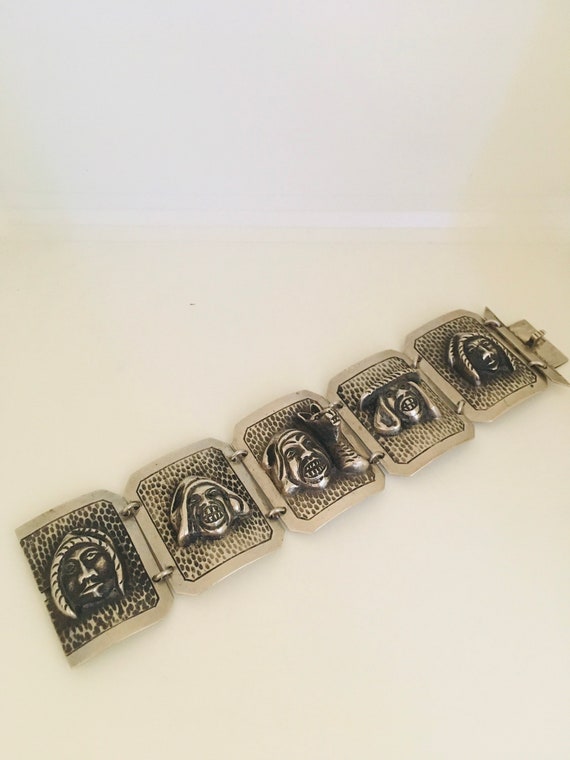 Peruvian faces 1940s silver bracelet - image 1