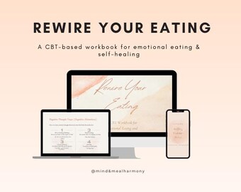 May include: A digital advertisement for a CBT-based workbook titled "Rewire Your Eating." The image shows a laptop, desktop computer, and smartphone displaying the workbook's content. The background is a soft peach color.