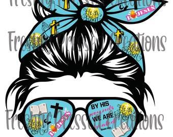 May include: A black and white illustration of a woman with a messy bun wearing sunglasses. The sunglasses have a blue tint and reflect images of crosses, Bibles, and the words "He Is Risen" and "By His Wounds We Are Healed". The woman is wearing a blue bandana with the words "He Is Risen" and "I Love Jesus" printed on it. The text "#JESUSLIFE" is printed below the image.