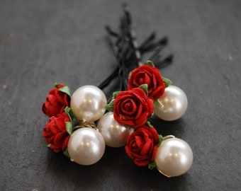 Pearl and Red Rose Bobby Pins | Wedding Hair Pins | Hair Jewellery | Bridal Hair | Flower Girl | Hair Accessory | Swarovski Pearls | Prom