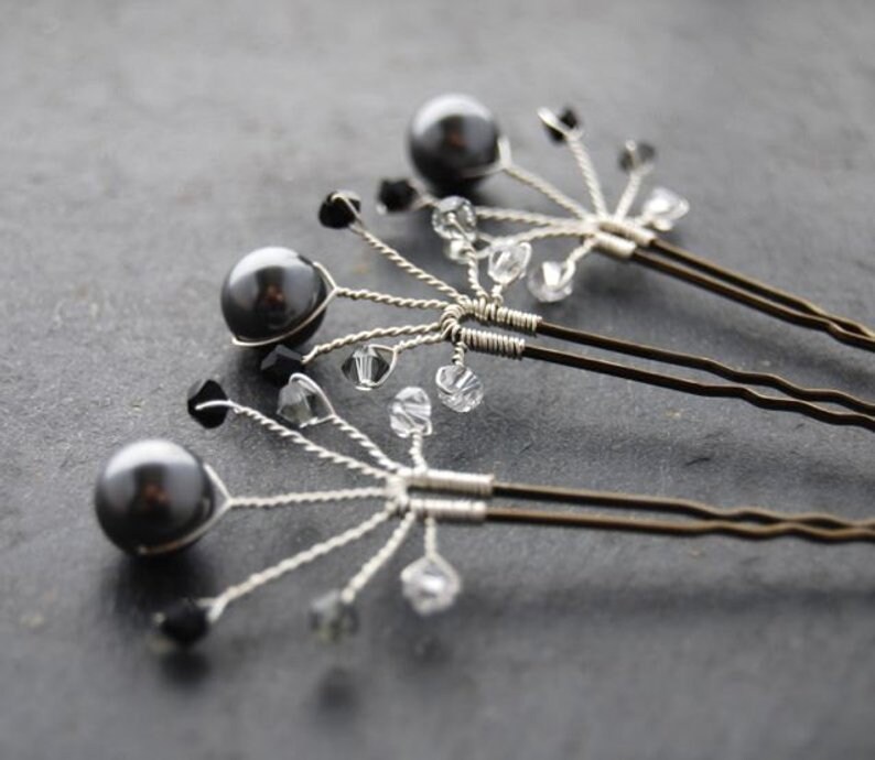Bridal Hair Pins Smoky Grey Pearls Swarovski Pearls Hair Accessory
