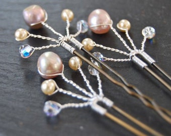 Bridal Hair Pins | White Pink Pearls | Swarovski Pearls | Pearl Hair Pins | Hair Accessory | Wedding Hair Pins | Hair Jewellery | Prom Hair