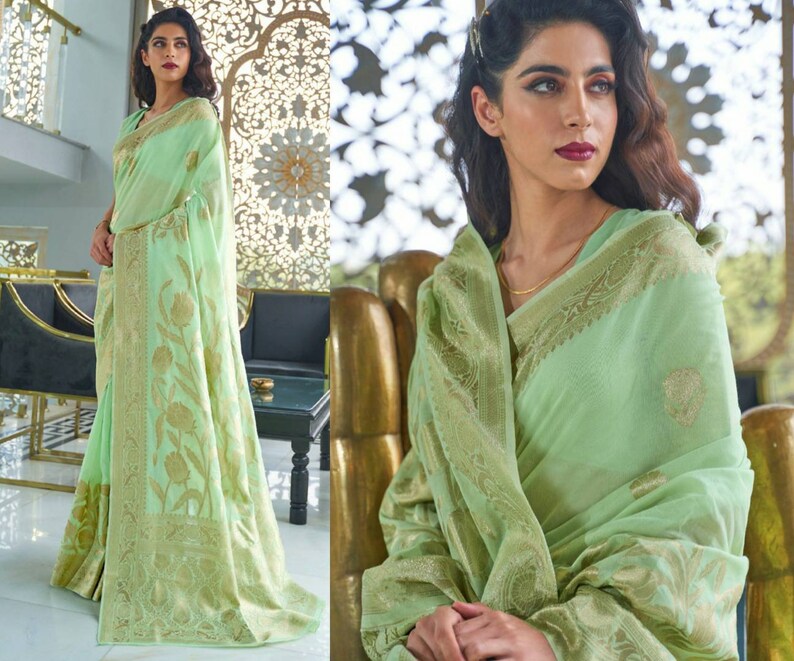 Sabyasachi PISTA GREEN and GOLD Woven Silk Saree Embellished | Etsy