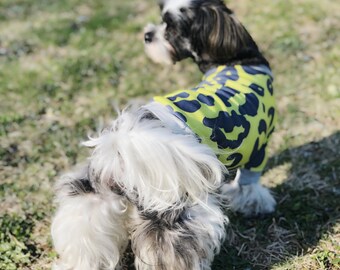 Organic Cotton Neon Yellow Green Leopard Dog Shirt, small dog tops, puppy clothing.