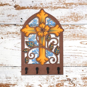 Traditional 3-Tier Cross Wooden Key Holder Hooks Organizer - Recycled Wood Wall-Mounted Key Hanger with Screws