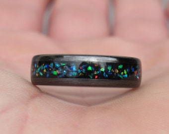Galaxy Opal Ring, Black Tourmaline Ring, Wedding Carbon Fiber Ring, Promise Ring, EMF Black Ring