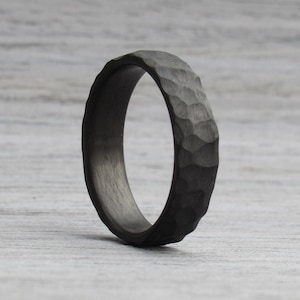 Obsidian Ring, Hammered Ring, Carbon Fiber Ring, Goth Wedding Band, Boyfriend Ring, Rough Ring, 1st Anniversary Gift for Husband