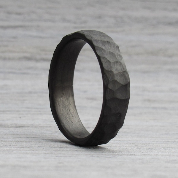 Obsidian Ring, Carbon Fiber Ring, Goth Wedding Band, Boyfriend Ring, Rough Ring, Hammered Ring, 1st Anniversary Gift for Husband