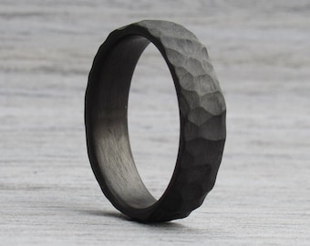 Obsidian Ring, Hammered Ring, Carbon Fiber Ring, Goth Wedding Band, Boyfriend Ring, Rough Ring, 1st Anniversary Gift for Husband