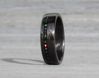 Black Tourmaline Ring, Red Opal, His or Hers Wedding Ring, Promise Ring, Carbon Fiber Ring, Black Ring