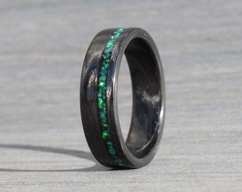 Emerald Opal Ring, Carbon Fiber Ring, Statement Opal Ring, Promise Ring for Him