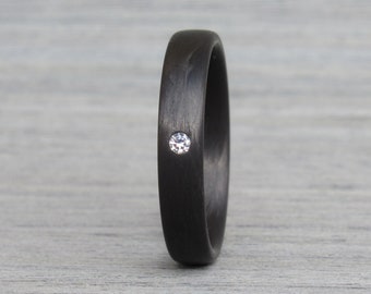 Black Wedding Band for Women, Carbon Fiber Ring, White Diamond, Industrial Jewelry, CZ Diamond Minimalist Ring, Black Ring, Stacking Ring